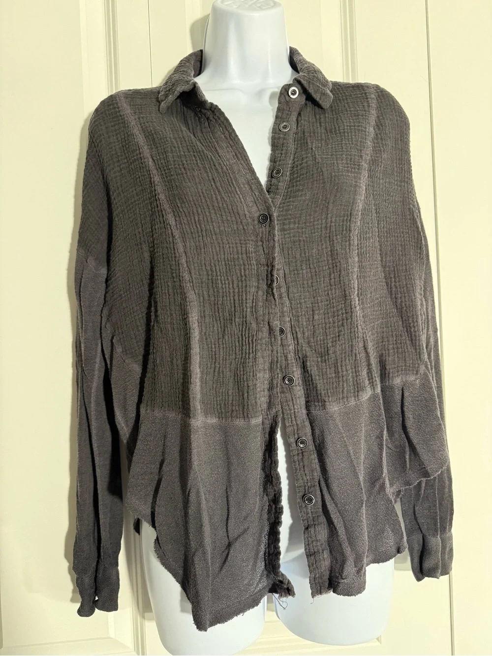 Free People Button-Down Gauze Shirt in Charcoal Gray